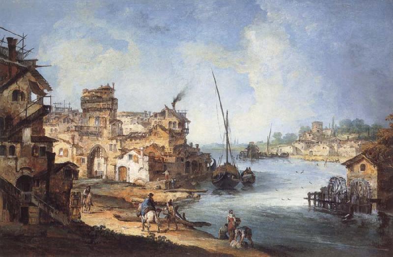 MARIESCHI, Michele Buildings and Figures Near a River with Shipping France oil painting art